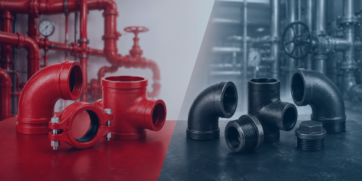 conexões ranhuradas (vermelhas) e conexões de aço carbono (pretas) lado a lado