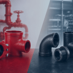 conexões ranhuradas (vermelhas) e conexões de aço carbono (pretas) lado a lado